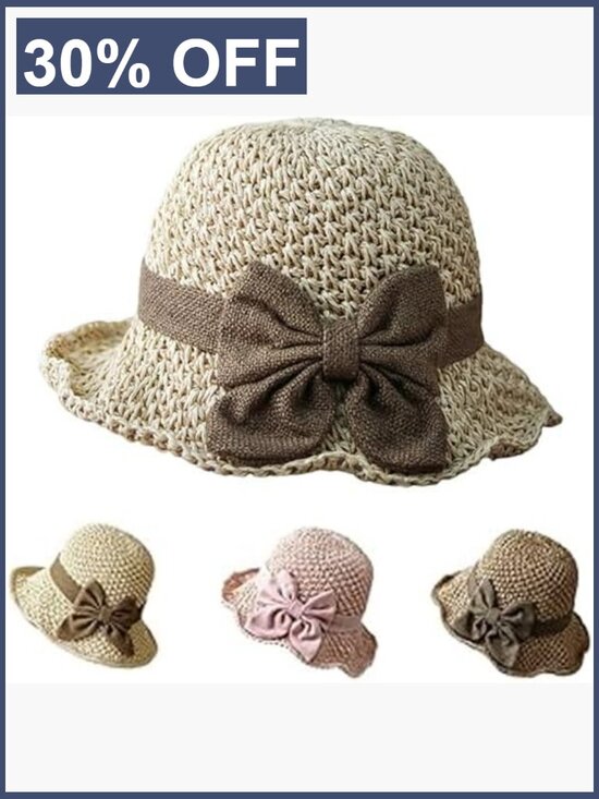 Woven Straw Sun Hat with Retro Bow, Wide Brim Packable Travel Bucket Hat main image 4